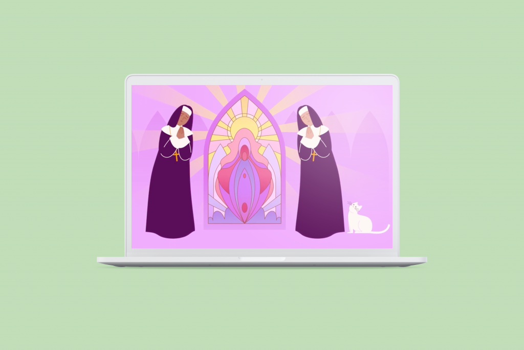 Im Screenshot aus dem Video für das Büro für Frauengesundheit sieht man zwei Nonnen vor einem Fenster, dessen Botschaft erst auf den zweiten Blick erkennbar ist.